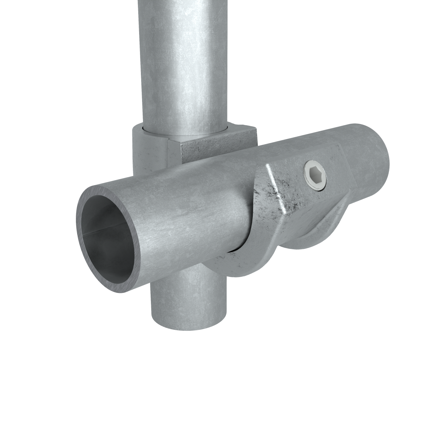 Rohrverbinder Kreuzstück offen mit Einsatz 42,4 mm - Schrägansicht mit Rohren (Rohr-verbinder.de)