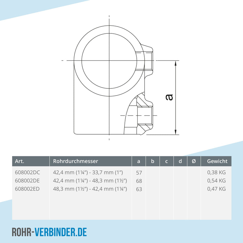 T-Stück kurz Kombinationsmaß 42,4 mm - 33,7 mm | technische Zeichnung | Rohrverbinder | Schnelle Lieferung | Rohr-verbinder.de