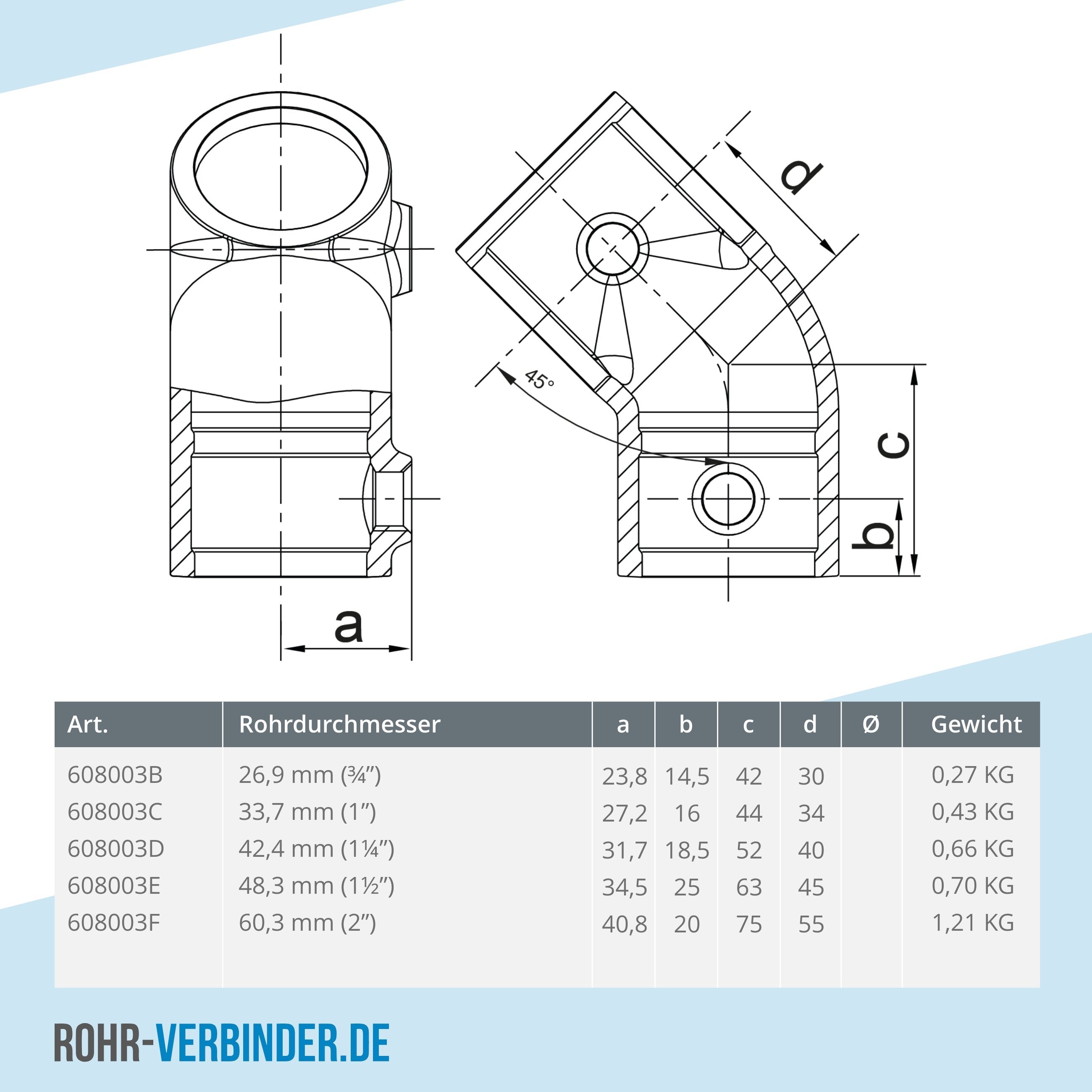 T-Stück kurz 45° 42,4 mm | technische Zeichnung | Rohrverbinder | Schnelle Lieferung | Rohr-verbinder.de