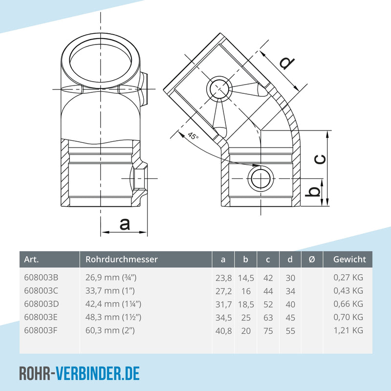T-Stück kurz 45° 42,4 mm | technische Zeichnung | Rohrverbinder | Schnelle Lieferung | Rohr-verbinder.de