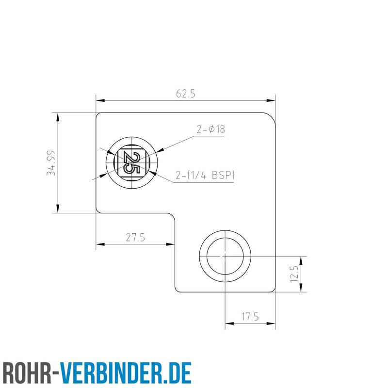 Bogen 90º 25 mm quadratisch | technische Zeichnung Rohrverbinder | Schnelle Lieferung | Rohr-verbinder.de