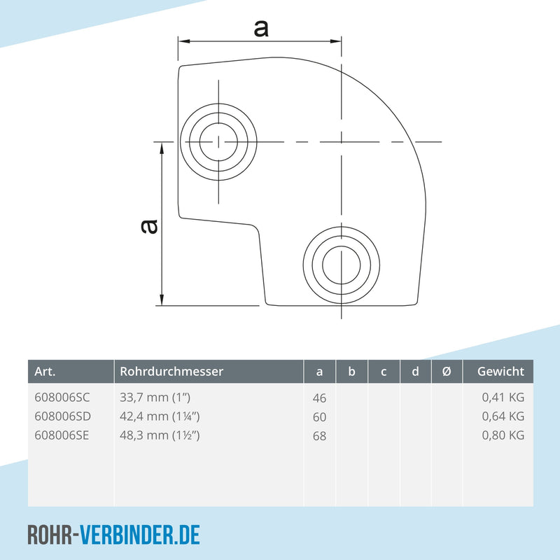 Bogen 90º ±11º 42,4 mm | technische Zeichnung | Rohrverbinder | Schnelle Lieferung | Rohr-verbinder.de
