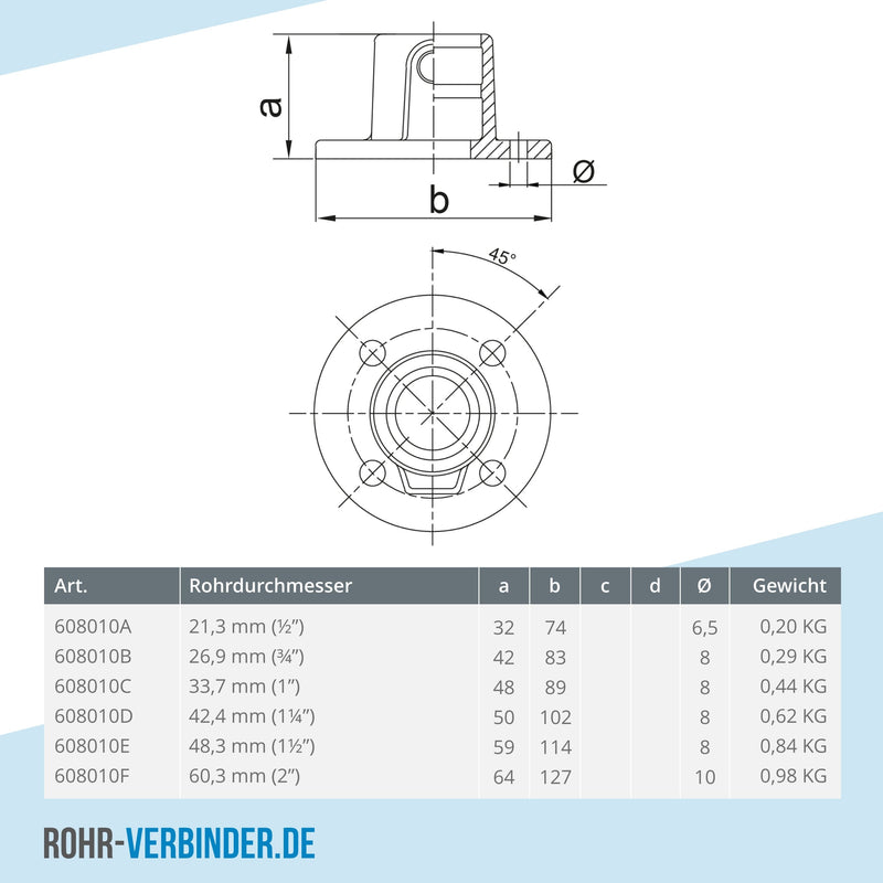Fußplatte rund 33,7 mm | technische Zeichnung | Rohrverbinder | Schnelle Lieferung | Rohr-verbinder.de