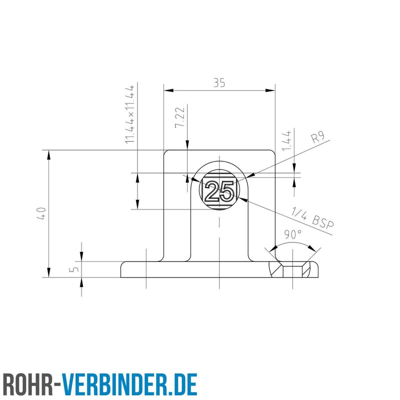 Fußplatte quadratisch 25 mm quadratisch | technische Zeichnung Rohrverbinder | Schnelle Lieferung | Rohr-verbinder.de