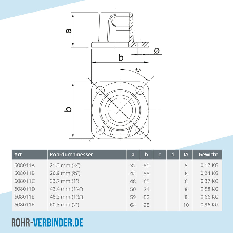 Fußplatte quadratisch 26,9 mm | technische Zeichnung | Rohrverbinder | Schnelle Lieferung | Rohr-verbinder.de
