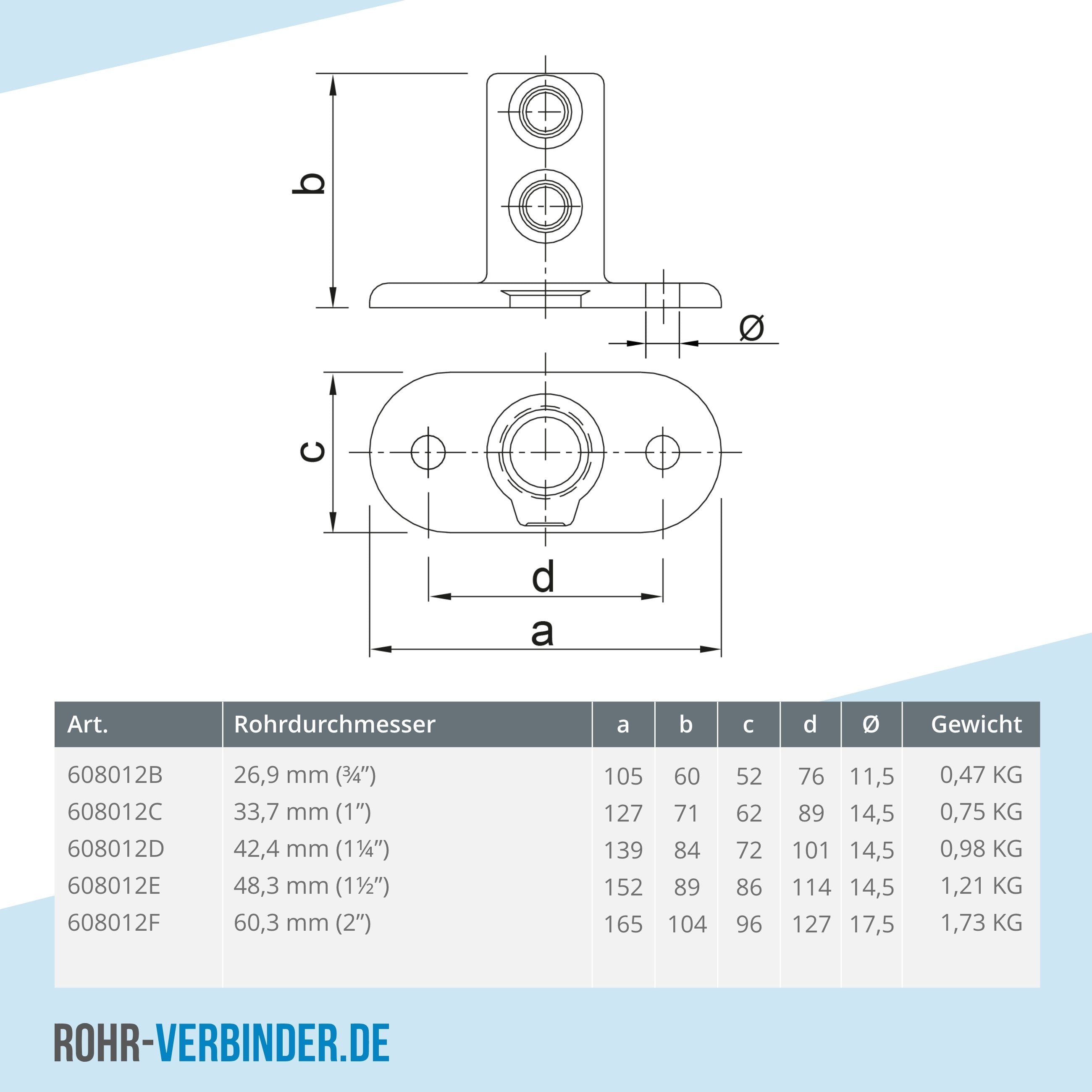 Fußplatte oval 26,9 mm | technische Zeichnung | Rohrverbinder | Schnelle Lieferung | Rohr-verbinder.de