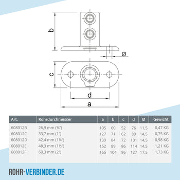 Fußplatte oval 33,7 mm | technische Zeichnung | Rohrverbinder | Schnelle Lieferung | Rohr-verbinder.de