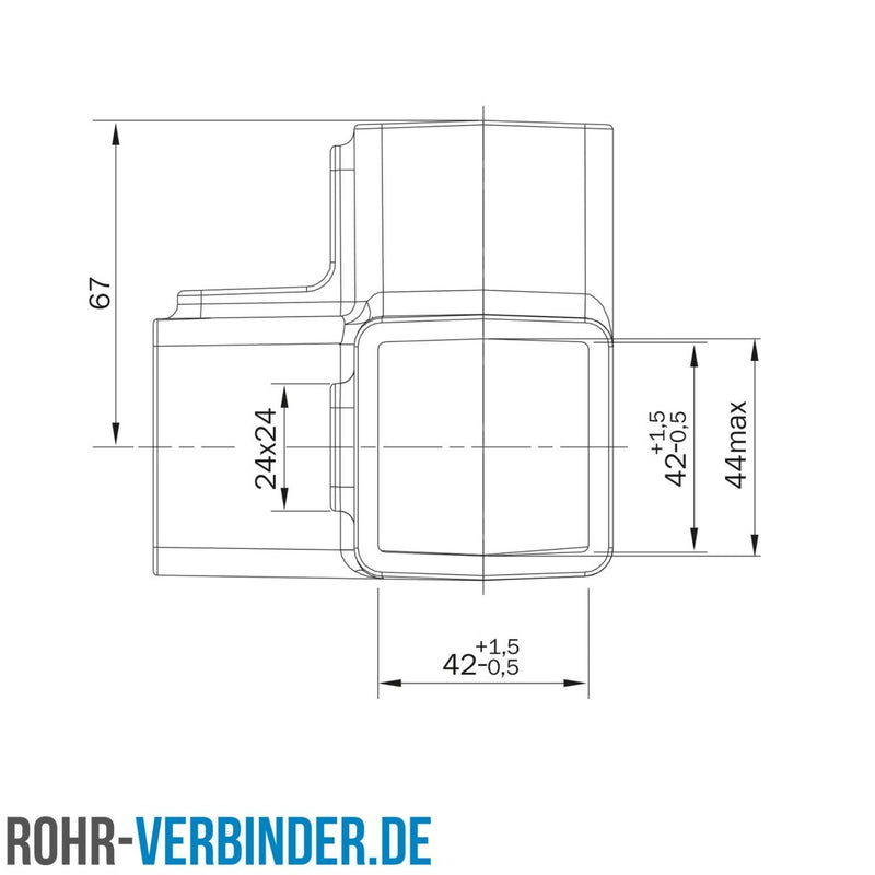 Dreiweg-Eckstück 90º 40 mm quadratisch | technische Zeichnung | Rohrverbinder | Schnelle Lieferung | Rohr-verbinder.de