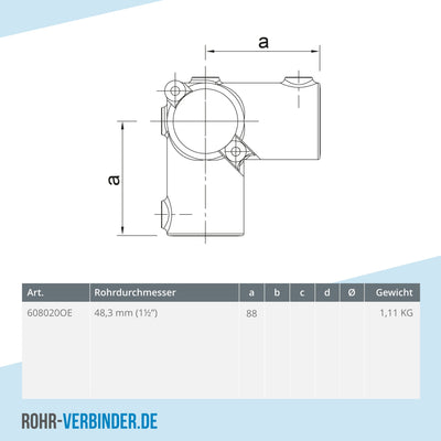Eckstück 90º offen 48,3 mm | technische Zeichnung | Rohrverbinder | Schnelle Lieferung | Rohr-verbinder.de