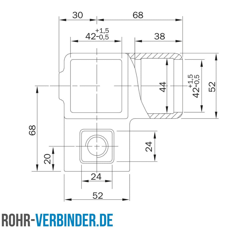 Eckstück 90º 40 mm quadratisch | technische Zeichnung | Rohrverbinder | Schnelle Lieferung | Rohr-verbinder.de