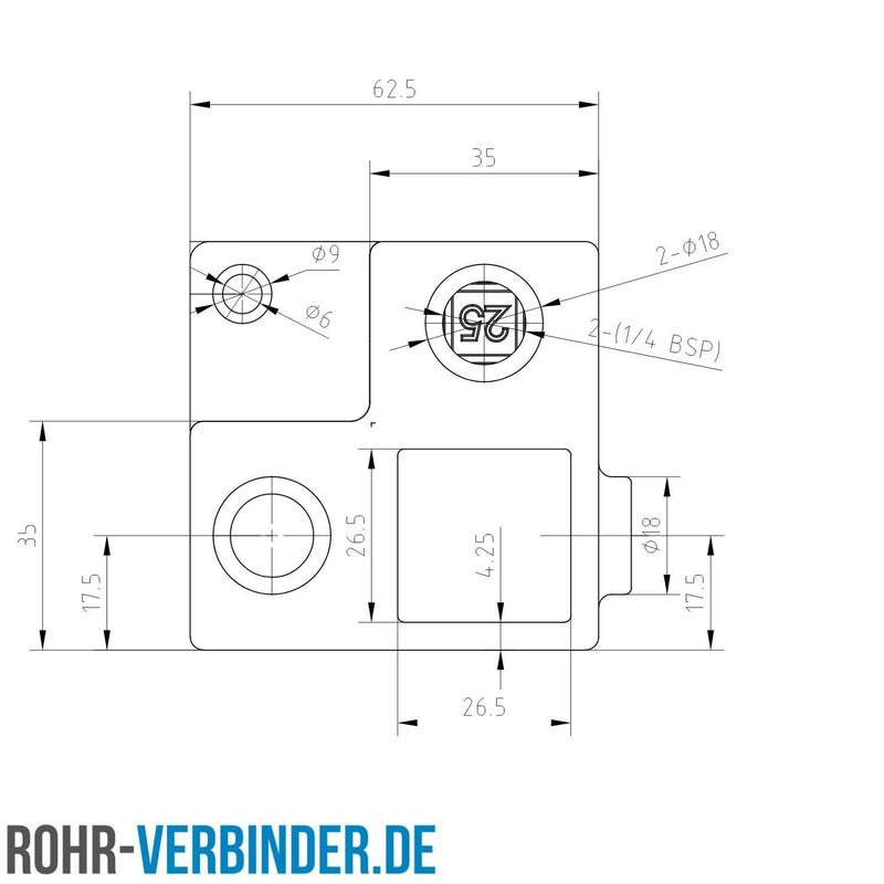 Eckstück 90º mit Befestigungsplatte 25 mm quadratisch | technische Zeichnung Rohrverbinder | Schnelle Lieferung | Rohr-verbinder.de