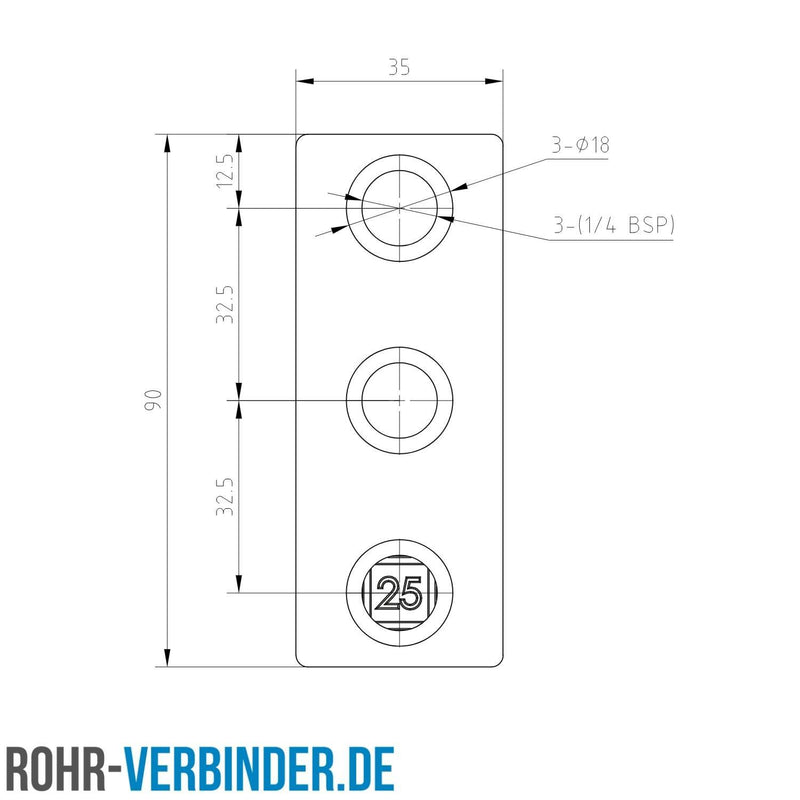Kreuzstück in 1 Ebene schwarz 25 mm quadratisch | technische Zeichnung Rohrverbinder | Schnelle Lieferung | Rohr-verbinder.de