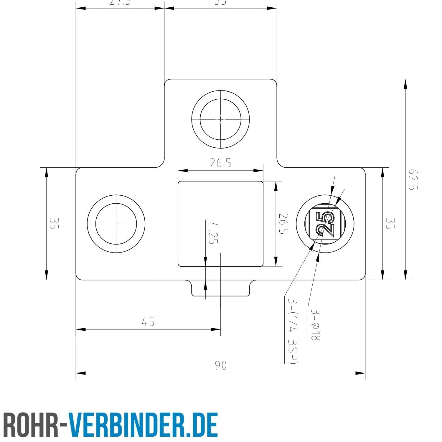 T-Stück für Stützrohr 25 mm quadratisch | technische Zeichnung Rohrverbinder | Schnelle Lieferung | Rohr-verbinder.de