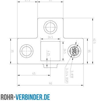 T-Stück für Stützrohr 25 mm quadratisch | technische Zeichnung Rohrverbinder | Schnelle Lieferung | Rohr-verbinder.de