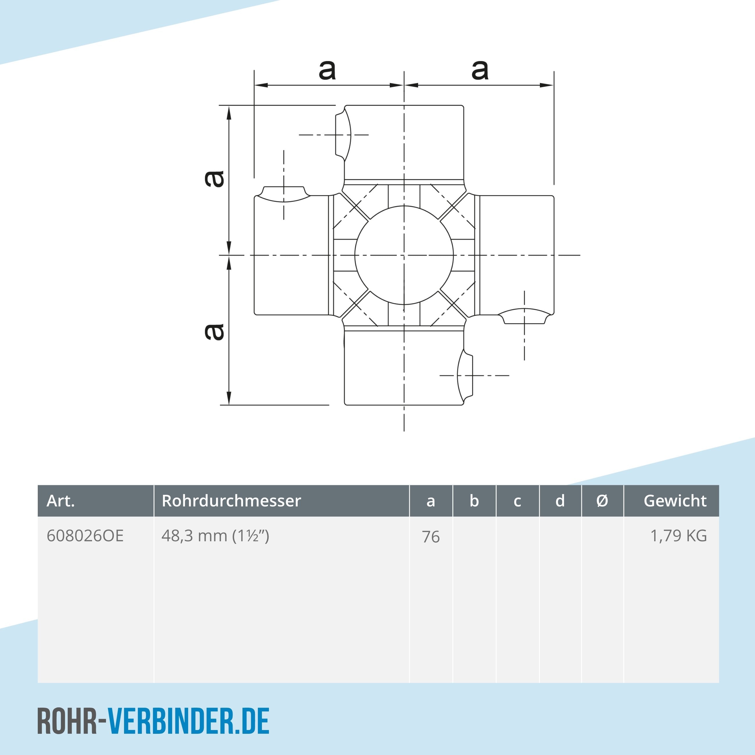 Kreuzstück für Stützrohr offen 48,3 mm | technische Zeichnung | Rohrverbinder | Schnelle Lieferung | Rohr-verbinder.de