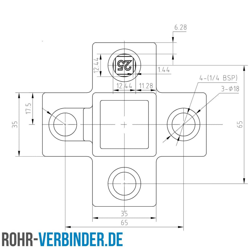 Kreuzstück für Stützrohr schwarz 25 mm quadratisch | technische Zeichnung Rohrverbinder | Schnelle Lieferung | Rohr-verbinder.de