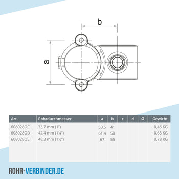 Kreuzstück 90º aufklappbar 42,4 mm | technische Zeichnung | Rohrverbinder | Schnelle Lieferung | Rohr-verbinder.de