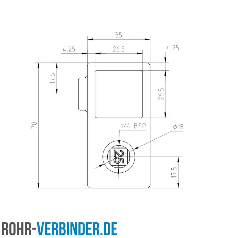 Kreuzstück 90º 25 mm quadratisch | technische Zeichnung Rohrverbinder | Schnelle Lieferung | Rohr-verbinder.de
