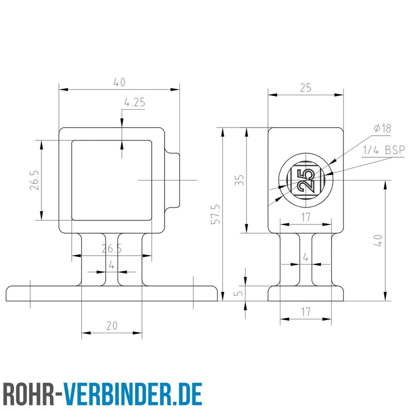 Handlaufhalterung schwarz 25 mm quadratisch | technische Zeichnung Rohrverbinder | Schnelle Lieferung | Rohr-verbinder.de