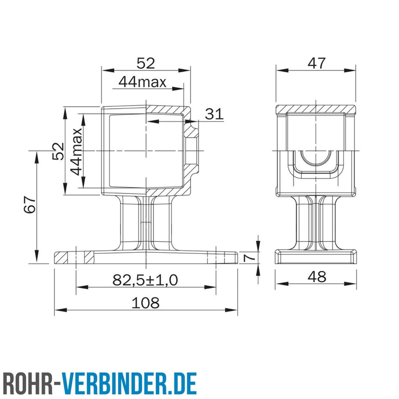 Handlaufhalterung 40 mm quadratisch | technische Zeichnung | Rohrverbinder | Schnelle Lieferung | Rohr-verbinder.de