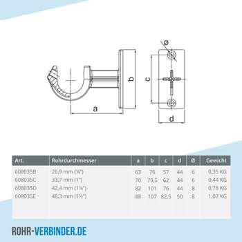 Handlaufhalterung offen 26,9 mm | technische Zeichnung | Rohrverbinder | Schnelle Lieferung | Rohr-verbinder.de