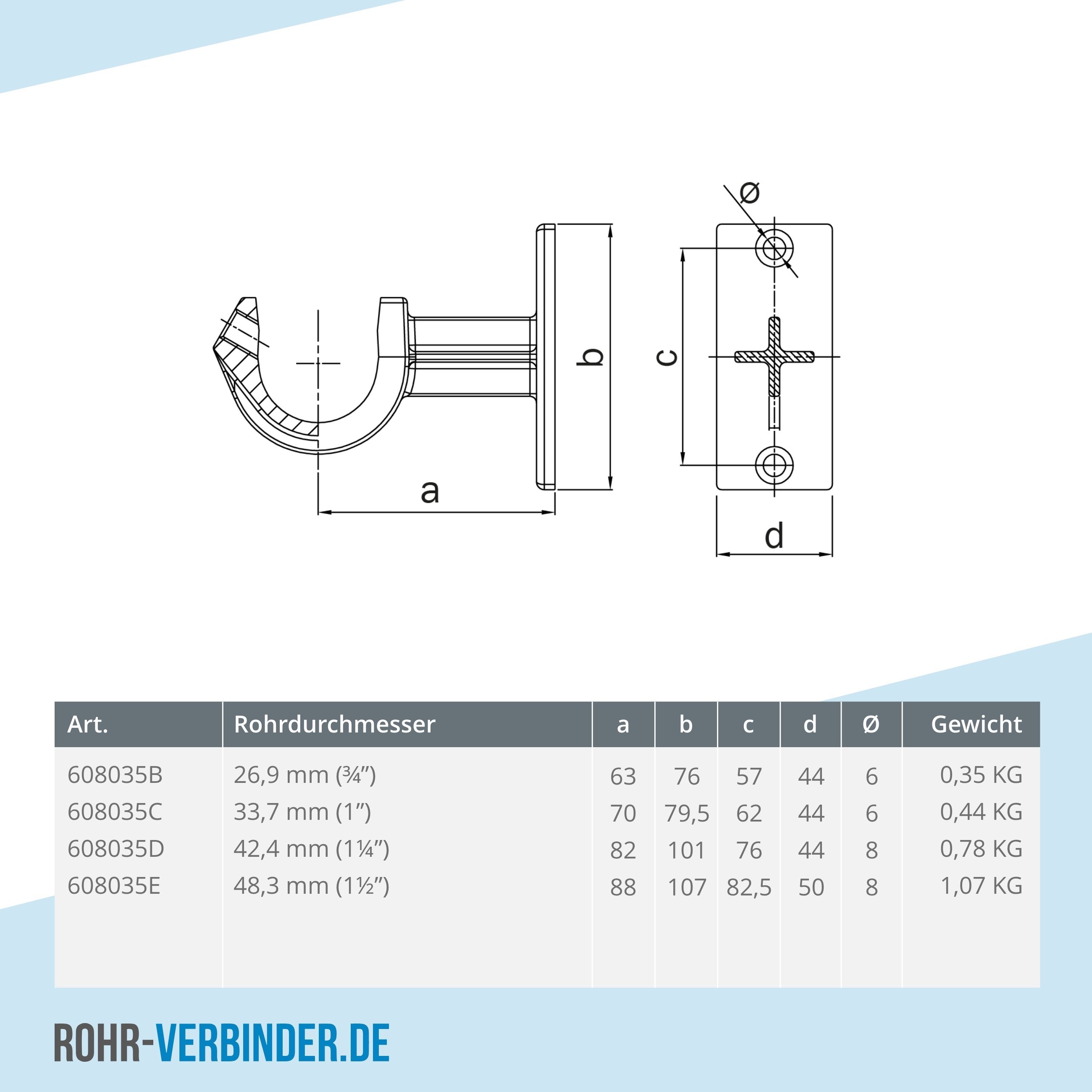 Handlaufhalterung offen 48,3 mm | technische Zeichnung | Rohrverbinder | Schnelle Lieferung | Rohr-verbinder.de
