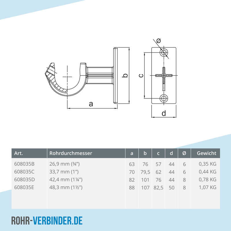 Handlaufhalterung offen 48,3 mm | technische Zeichnung | Rohrverbinder | Schnelle Lieferung | Rohr-verbinder.de