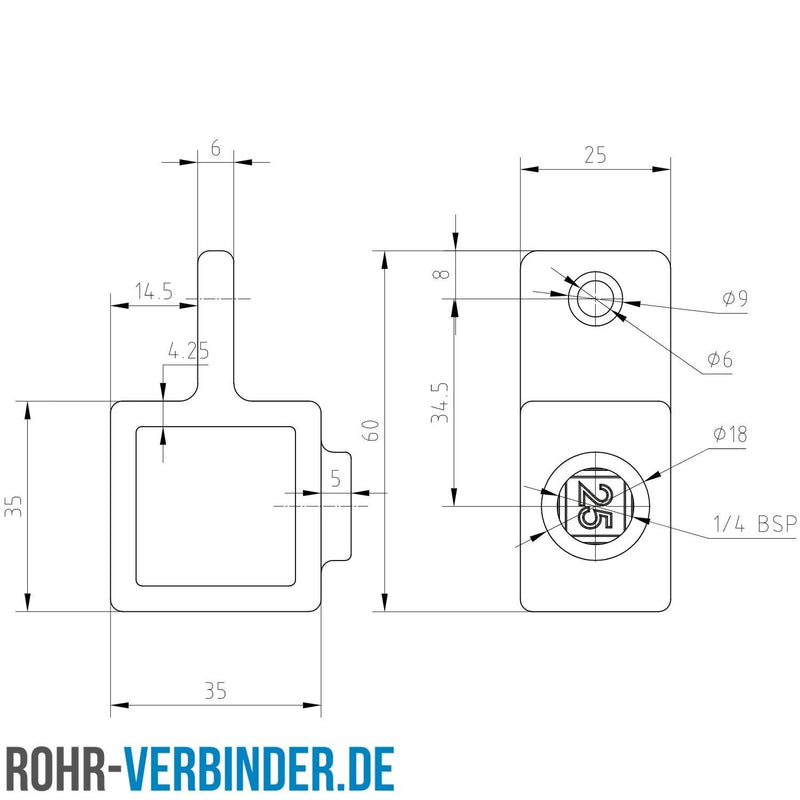 Gelenkauge schwarz 25 mm quadratisch | technische Zeichnung Rohrverbinder | Schnelle Lieferung | Rohr-verbinder.de