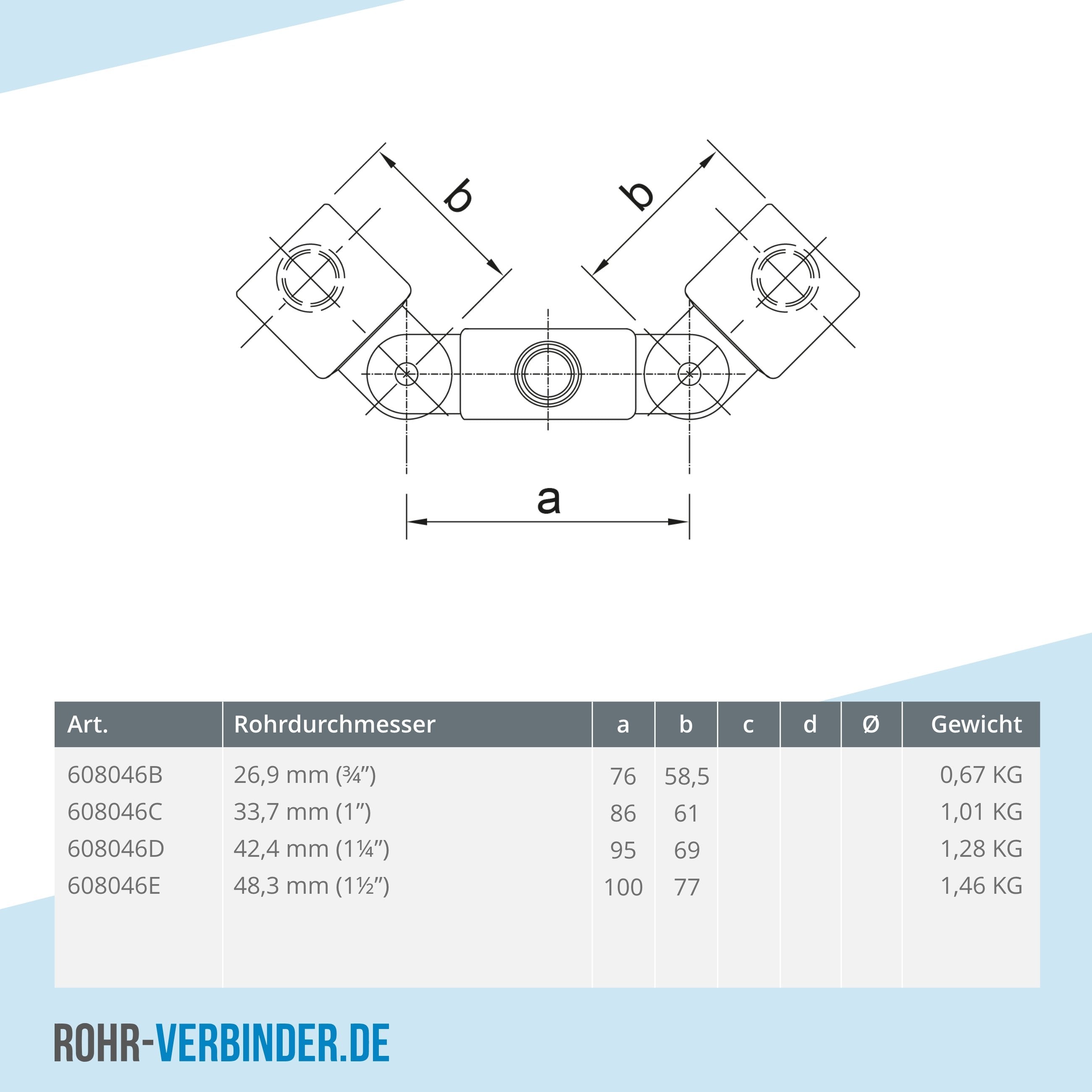 Gelenkstück doppelt 26,9 mm | technische Zeichnung | Rohrverbinder | Schnelle Lieferung | Rohr-verbinder.de