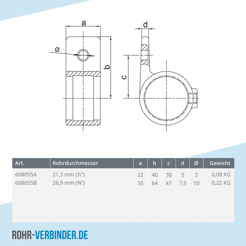 Ösenteil mit Einzellasche 26,9 mm | technische Zeichnung | Rohrverbinder | Schnelle Lieferung | Rohr-verbinder.de