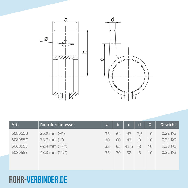 Ösenteil mit Einzellasche 33,7 mm | technische Zeichnung | Rohrverbinder | Schnelle Lieferung | Rohr-verbinder.de
