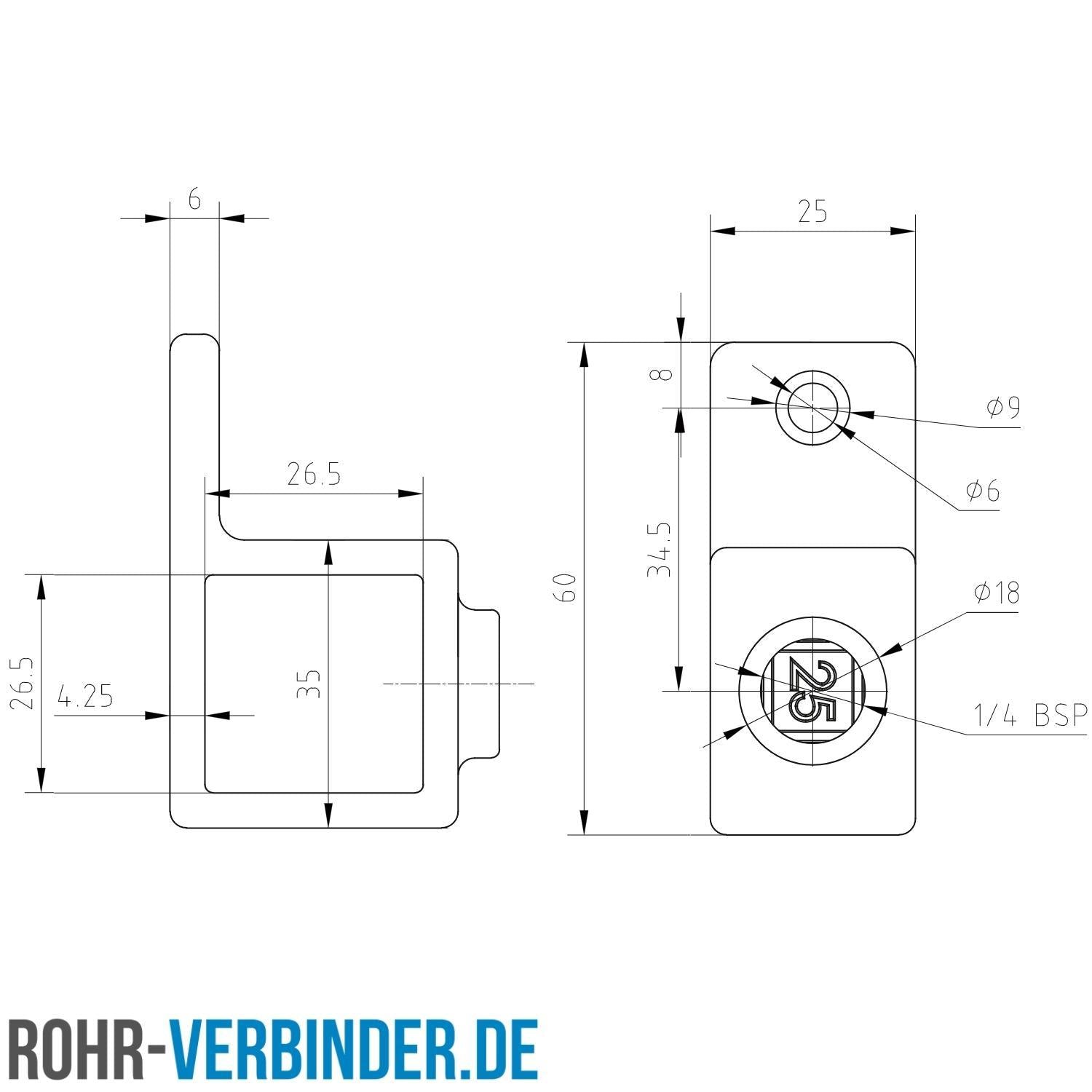 Ösenteil mit Einzellasche 25 mm quadratisch | technische Zeichnung Rohrverbinder | Schnelle Lieferung | Rohr-verbinder.de