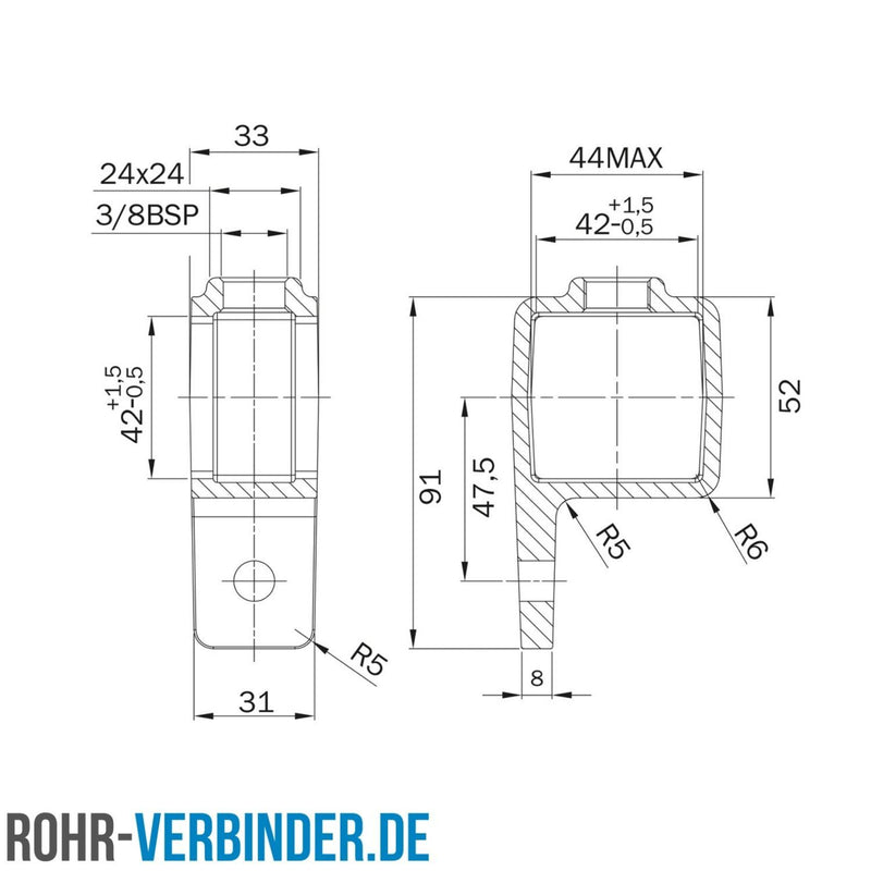 Ösenteil mit Einzellasche 40 mm quadratisch | technische Zeichnung | Rohrverbinder | Schnelle Lieferung | Rohr-verbinder.de