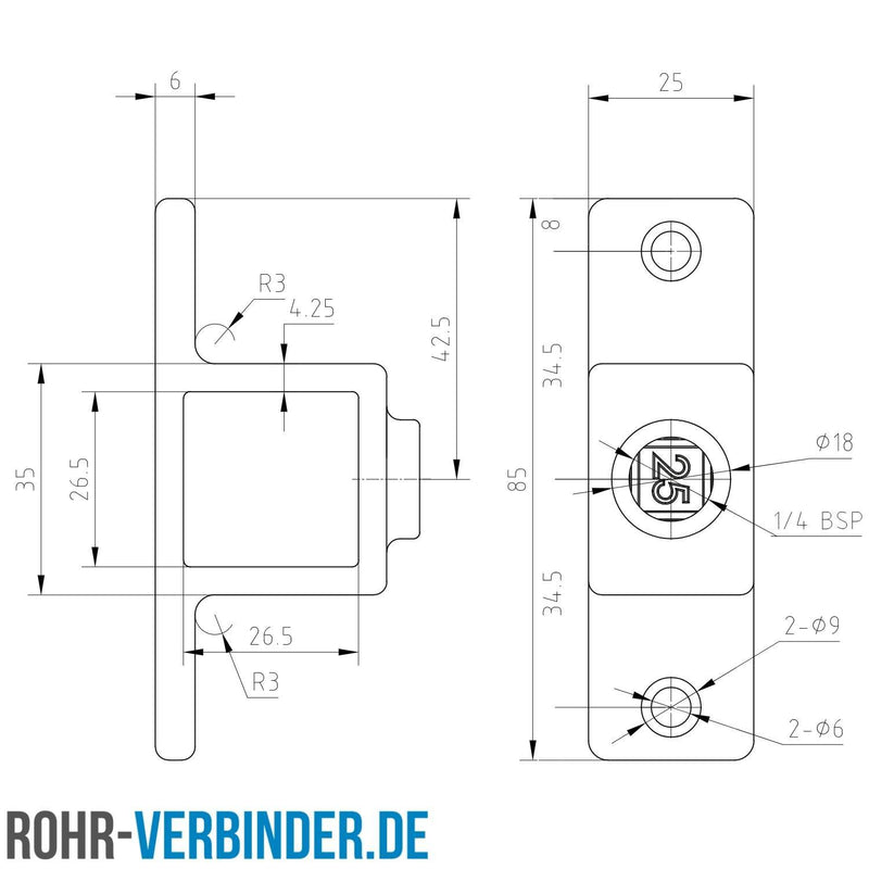 Ösenteil mit Doppellasche 25 mm quadratisch | technische Zeichnung Rohrverbinder | Schnelle Lieferung | Rohr-verbinder.de