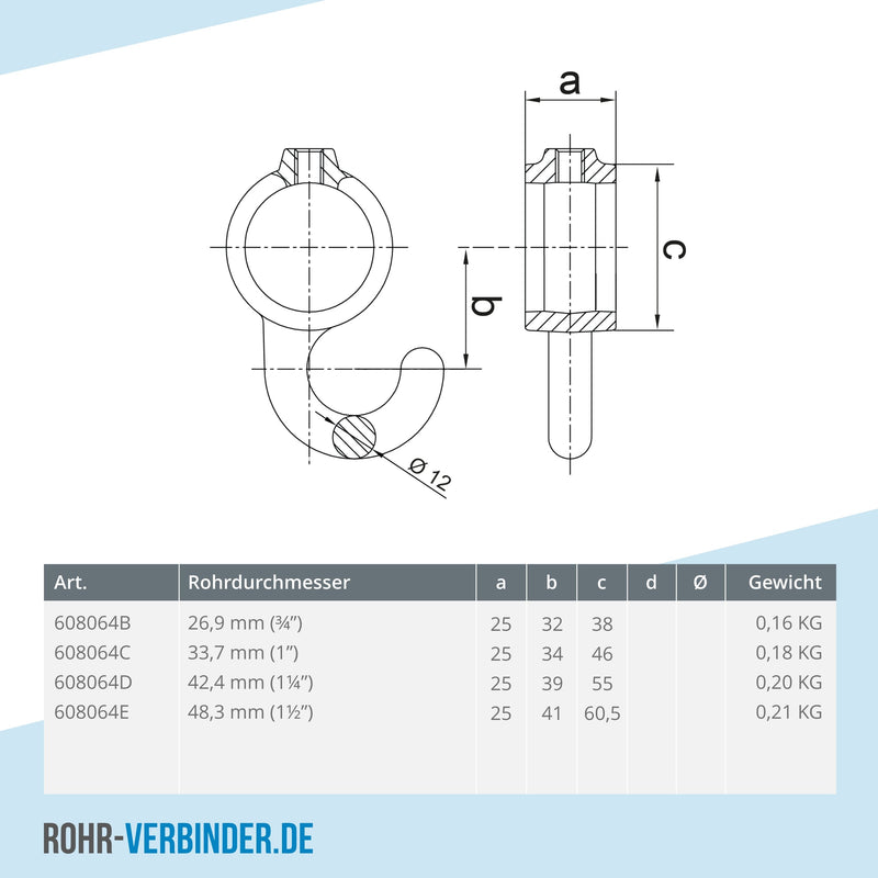 Kleiderhaken 42,4 mm | technische Zeichnung | Rohrverbinder | Schnelle Lieferung | Rohr-verbinder.de