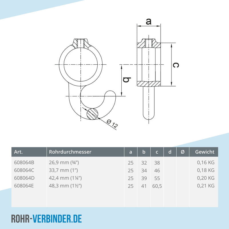 Kleiderhaken 48,3 mm | technische Zeichnung | Rohrverbinder | Schnelle Lieferung | Rohr-verbinder.de