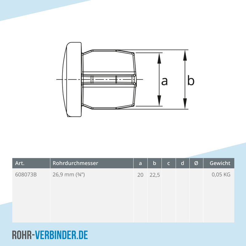 Stopfen Metall 26,9 mm | technische Zeichnung | Rohrverbinder | Schnelle Lieferung | Rohr-verbinder.de