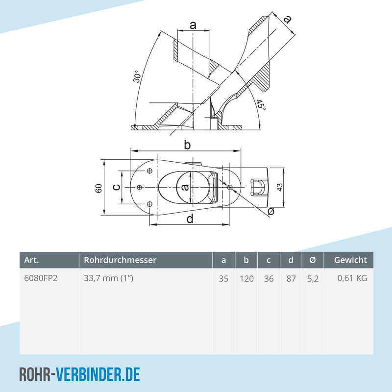 Flaggenhalterung 45º-90º 33,7 mm | technische Zeichnung | Rohrverbinder | Schnelle Lieferung | Rohr-verbinder.de