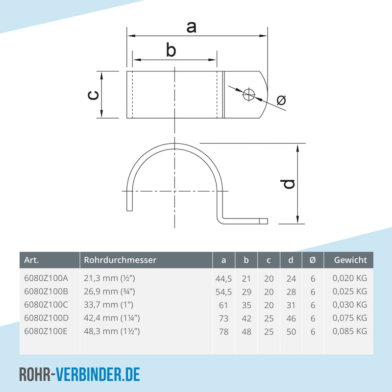 Rohrschelle schwarz 21,3 mm | technische Zeichnung | Rohrverbinder | Schnelle Lieferung | Rohr-verbinder.de