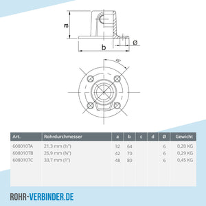Fußplatte rund durchgehend schwarz 21,3 mm | technische Zeichnung | Rohrverbinder | Schnelle Lieferung | Rohr-verbinder.de
