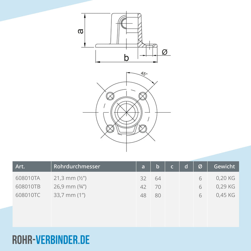 Fußplatte rund durchgehend schwarz 21,3 mm | technische Zeichnung | Rohrverbinder | Schnelle Lieferung | Rohr-verbinder.de