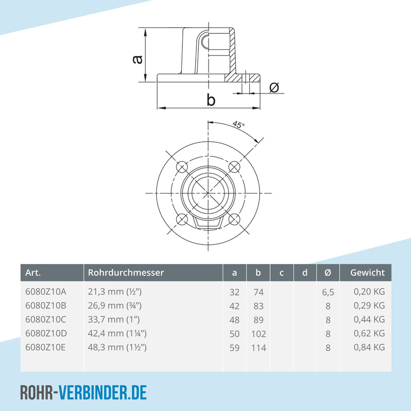 Fußplatte rund schwarz 42,4 mm | technische Zeichnung | Rohrverbinder | Schnelle Lieferung | Rohr-verbinder.de