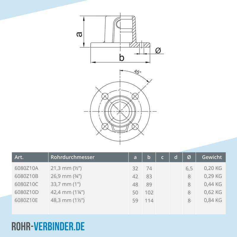 Fußplatte rund schwarz 33,7 mm | technische Zeichnung | Rohrverbinder | Schnelle Lieferung | Rohr-verbinder.de