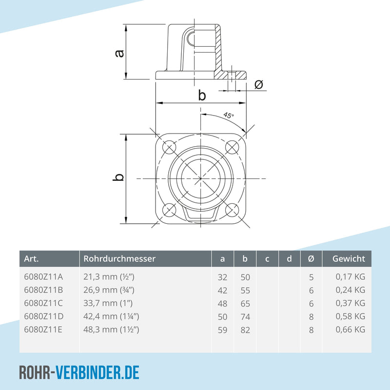 Fußplatte quadratisch schwarz 21,3 mm | technische Zeichnung | Rohrverbinder | Schnelle Lieferung | Rohr-verbinder.de