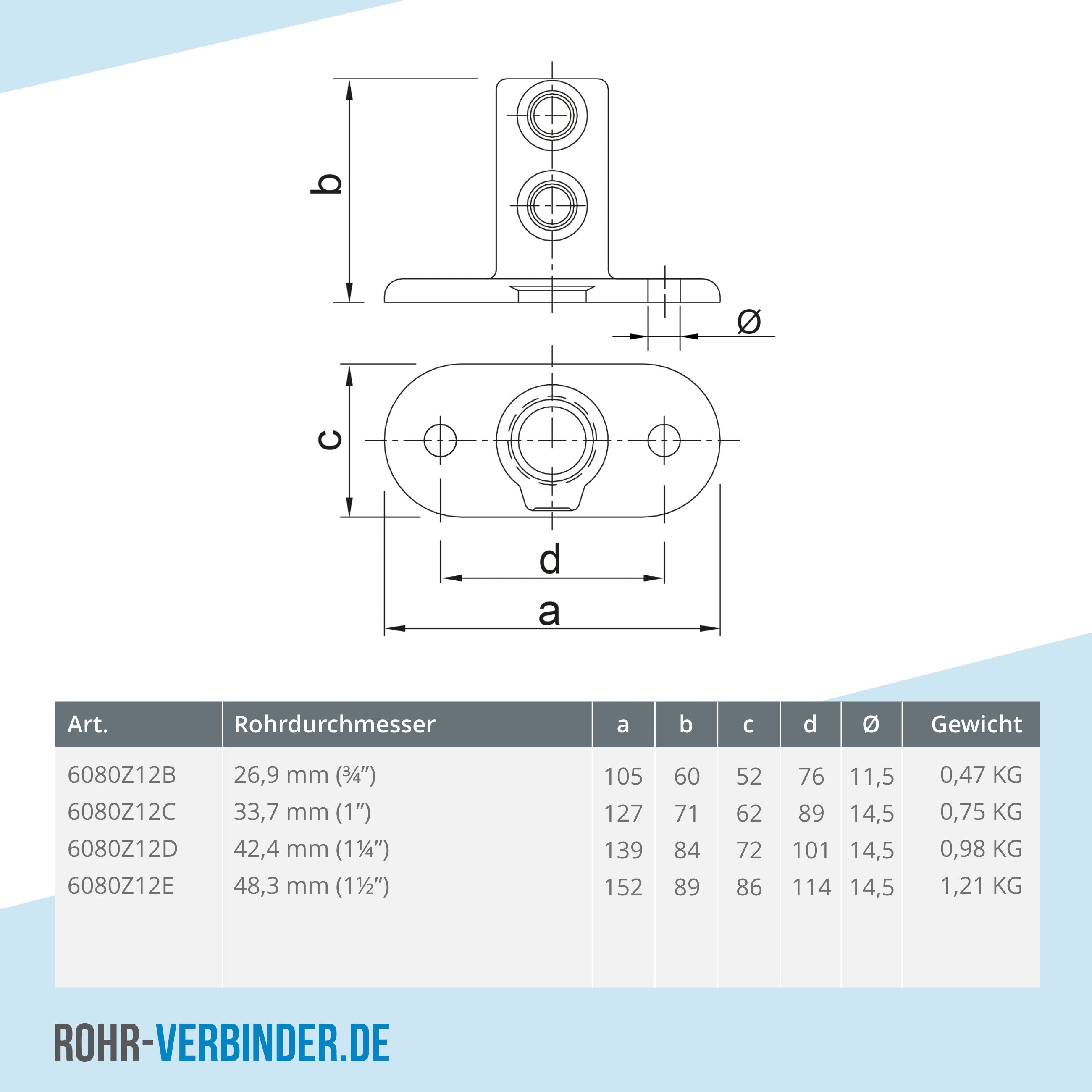 Fußplatte oval schwarz 42,4 mm | technische Zeichnung | Rohrverbinder | Schnelle Lieferung | Rohr-verbinder.de