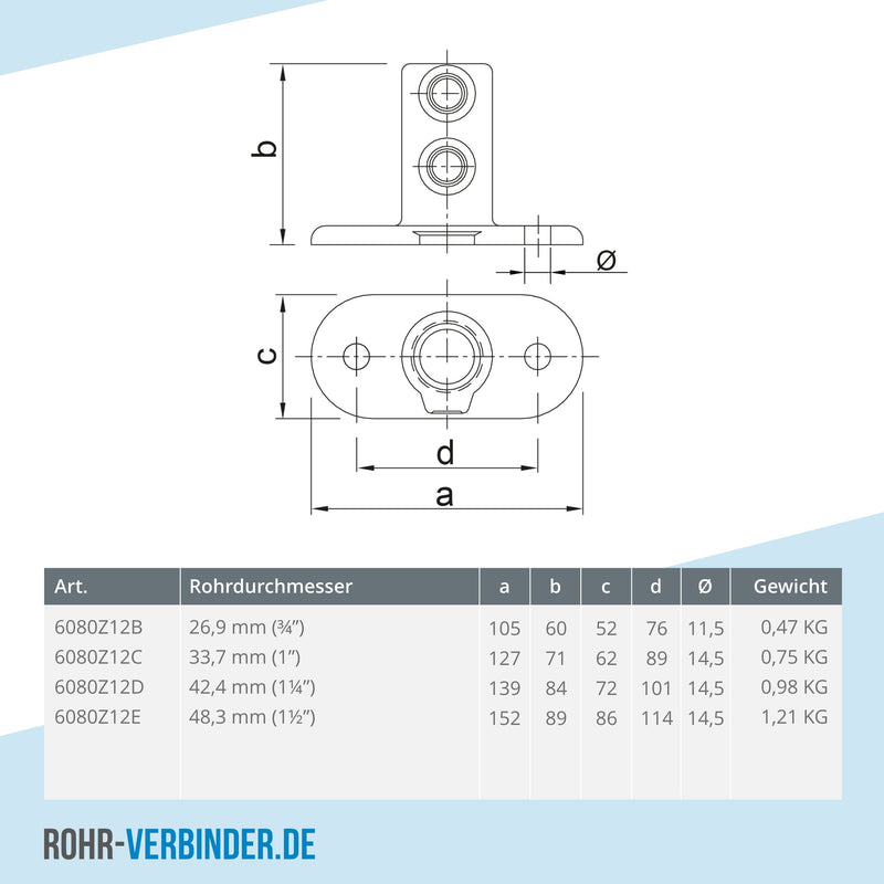 Fußplatte oval schwarz 42,4 mm | technische Zeichnung | Rohrverbinder | Schnelle Lieferung | Rohr-verbinder.de