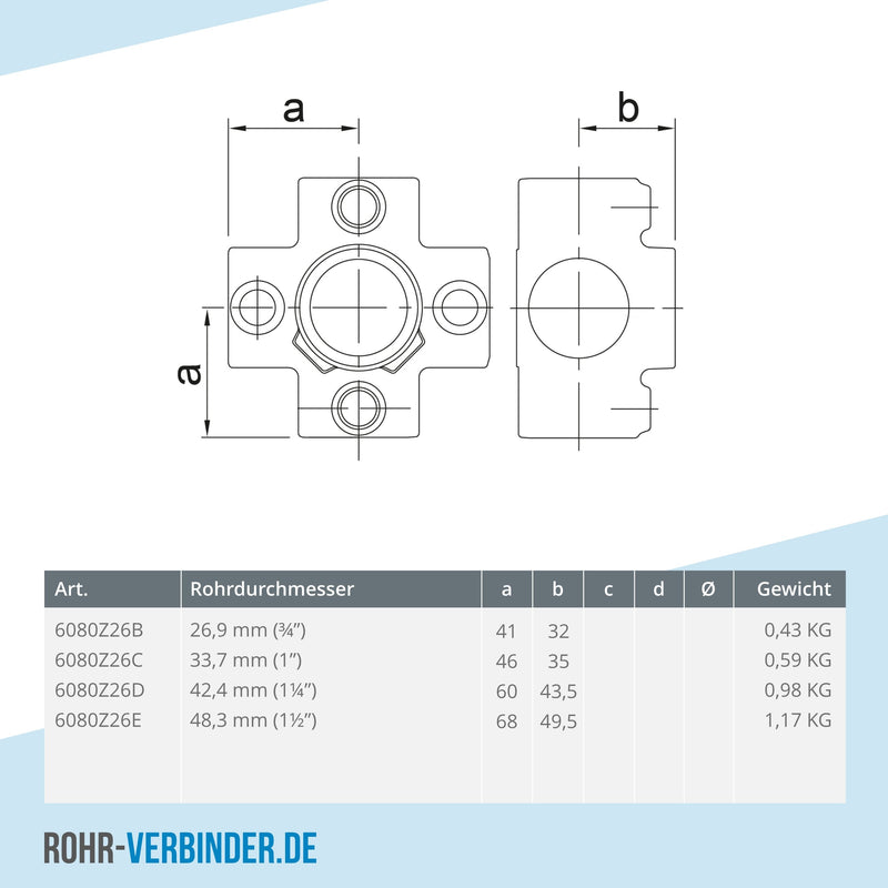 Kreuzstück für Stützrohr schwarz 26,9 mm | technische Zeichnung | Rohrverbinder | Schnelle Lieferung | Rohr-verbinder.de