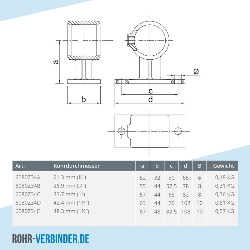 Handlaufhalterung schwarz 33,7 mm | technische Zeichnung | Rohrverbinder | Schnelle Lieferung | Rohr-verbinder.de