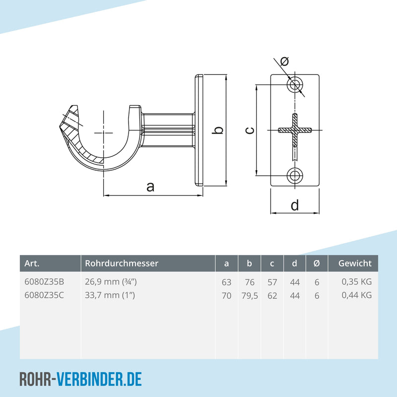 Handlaufhalterung offen schwarz 33,7 mm | technische Zeichnung | Rohrverbinder | Schnelle Lieferung | Rohr-verbinder.de