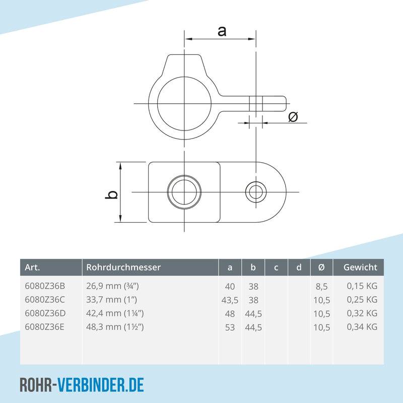 Gelenkauge schwarz 48,3 mm | technische Zeichnung | Rohrverbinder | Schnelle Lieferung | Rohr-verbinder.de